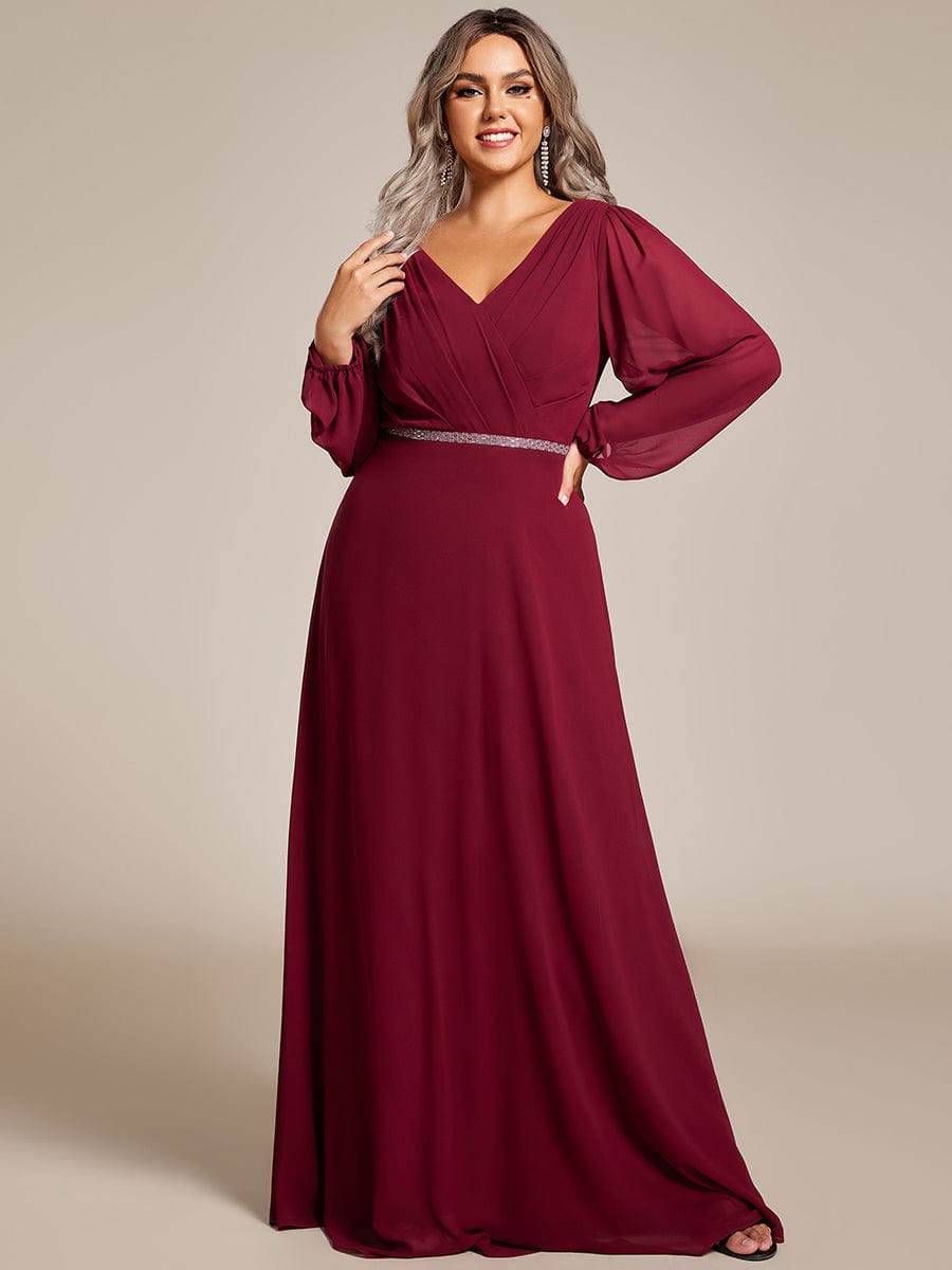 Plus Size Pleated Double V-Neck Long Sleeves Shiny Belt Chiffon Evening Dress #color_Burgundy