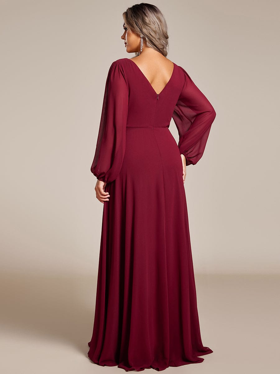 Plus Size Pleated Double V-Neck Long Sleeves Shiny Belt Chiffon Evening Dress #color_Burgundy