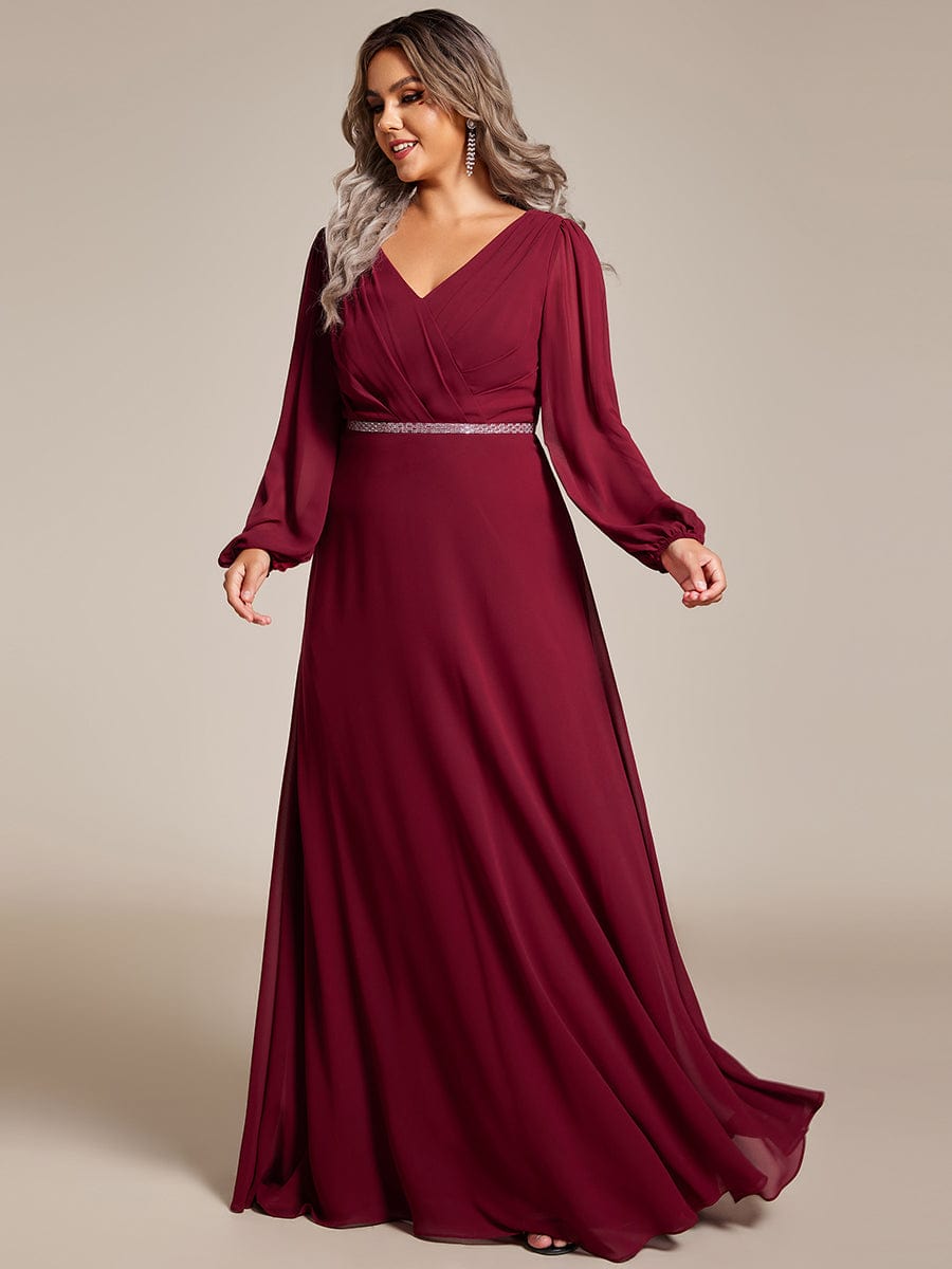 Plus Size Pleated Double V-Neck Long Sleeves Shiny Belt Chiffon Evening Dress #color_Burgundy