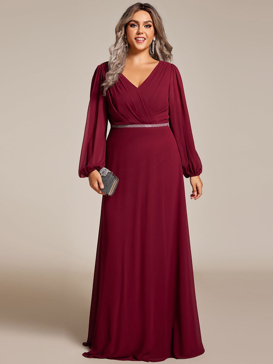 Plus Size Pleated Double V-Neck Long Sleeves Shiny Belt Chiffon Evening Dress #color_Burgundy