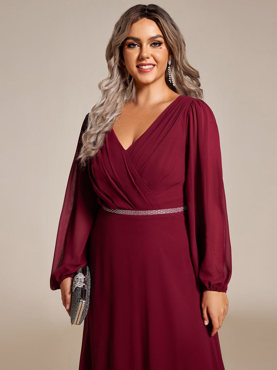 Plus Size Pleated Double V-Neck Long Sleeves Shiny Belt Chiffon Evening Dress #color_Burgundy