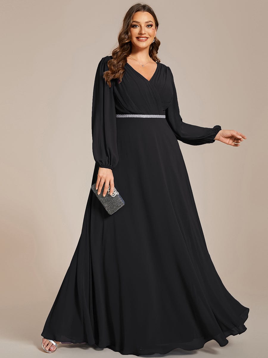 Plus Size Pleated Double V-Neck Long Sleeves Shiny Belt Chiffon Evening Dress #color_Black