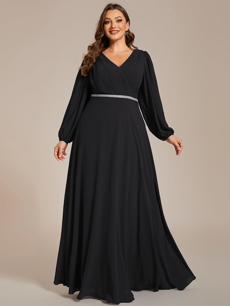 Plus Size Pleated Double V-Neck Long Sleeves Shiny Belt Chiffon Evening Dress #color_Black