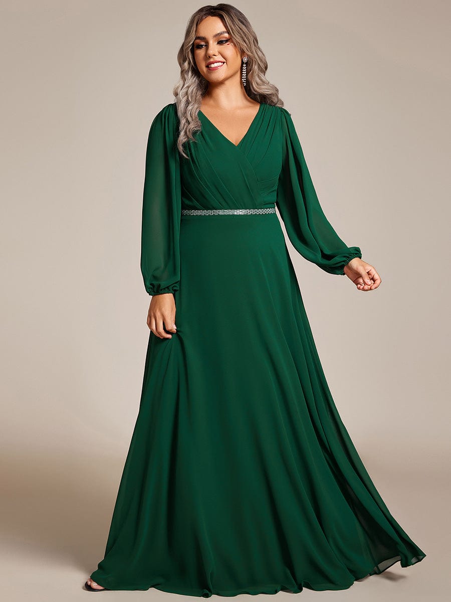 Plus Size Pleated Double V-Neck Long Sleeves Shiny Belt Chiffon Evening Dress #color_Dark Green