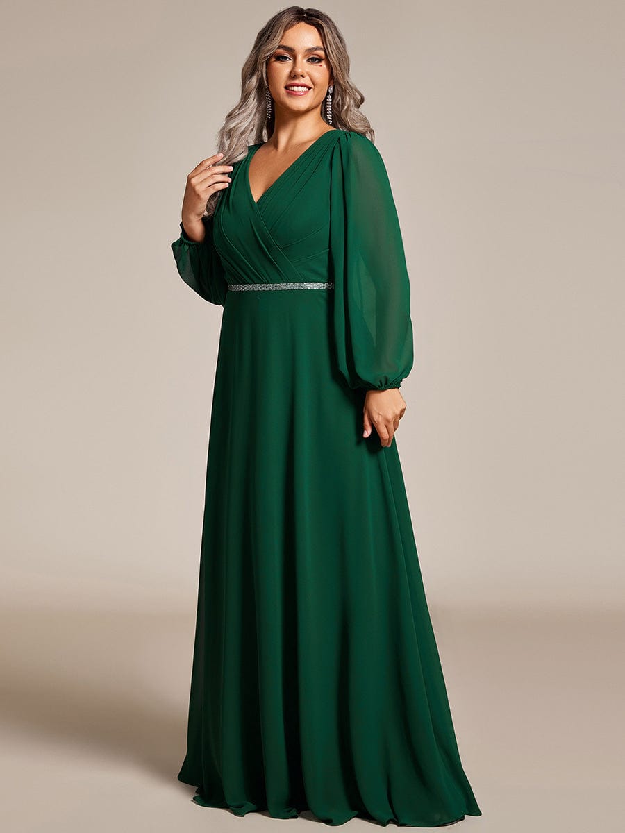 Plus Size Pleated Double V-Neck Long Sleeves Shiny Belt Chiffon Evening Dress #color_Dark Green