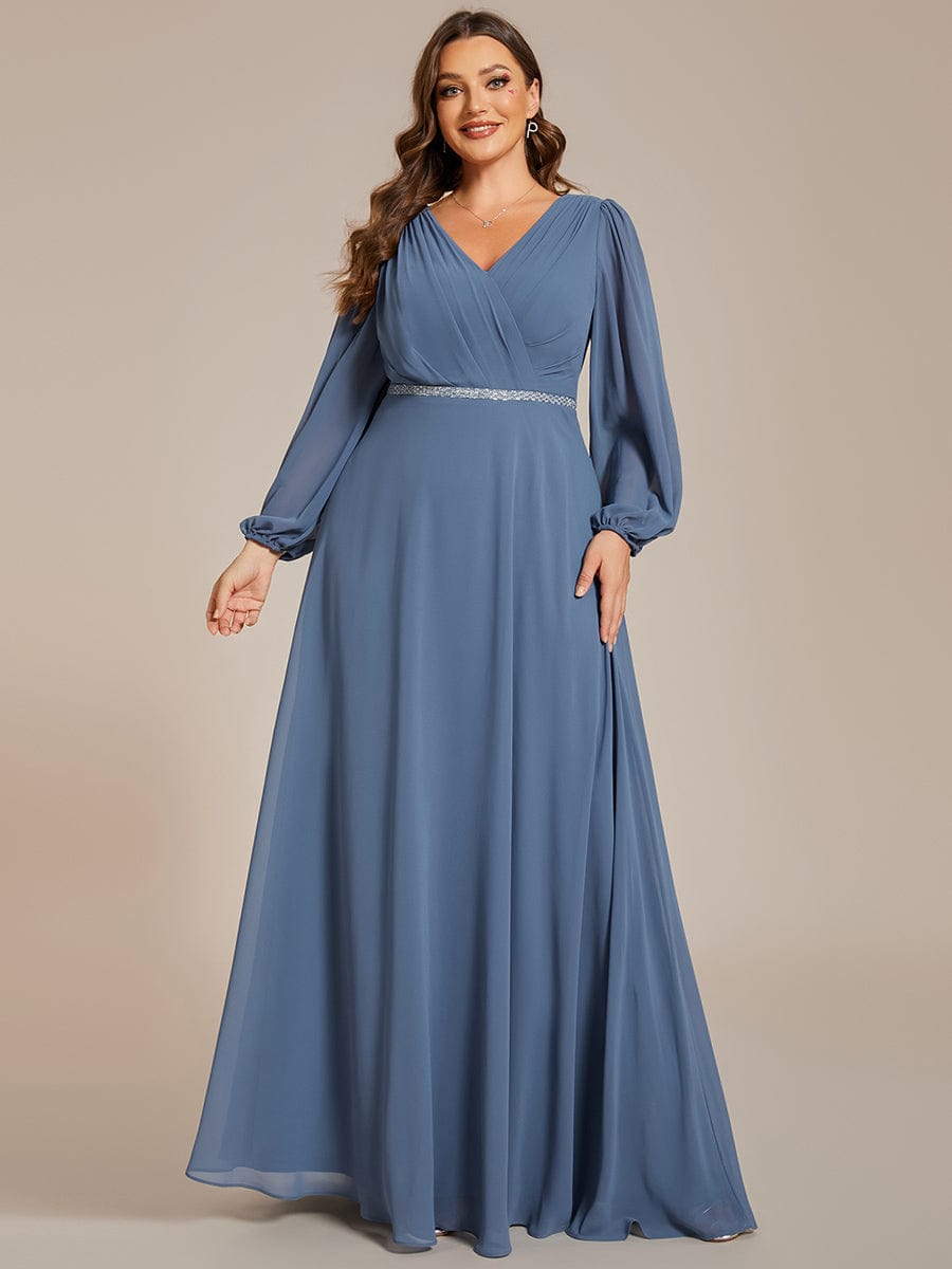 Plus Size Pleated Double V-Neck Long Sleeves Shiny Belt Chiffon Evening Dress #color_Dusty Blue