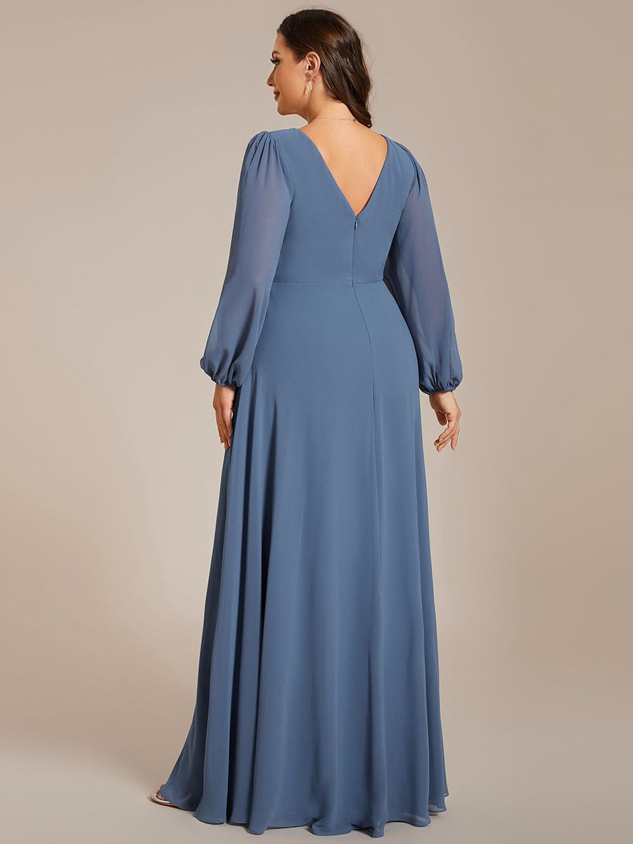 Plus Size Pleated Double V-Neck Long Sleeves Shiny Belt Chiffon Evening Dress #color_Dusty Blue