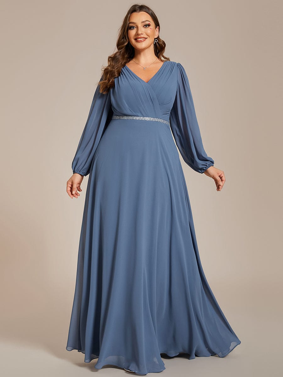 Plus Size Pleated Double V-Neck Long Sleeves Shiny Belt Chiffon Evening Dress #color_Dusty Blue