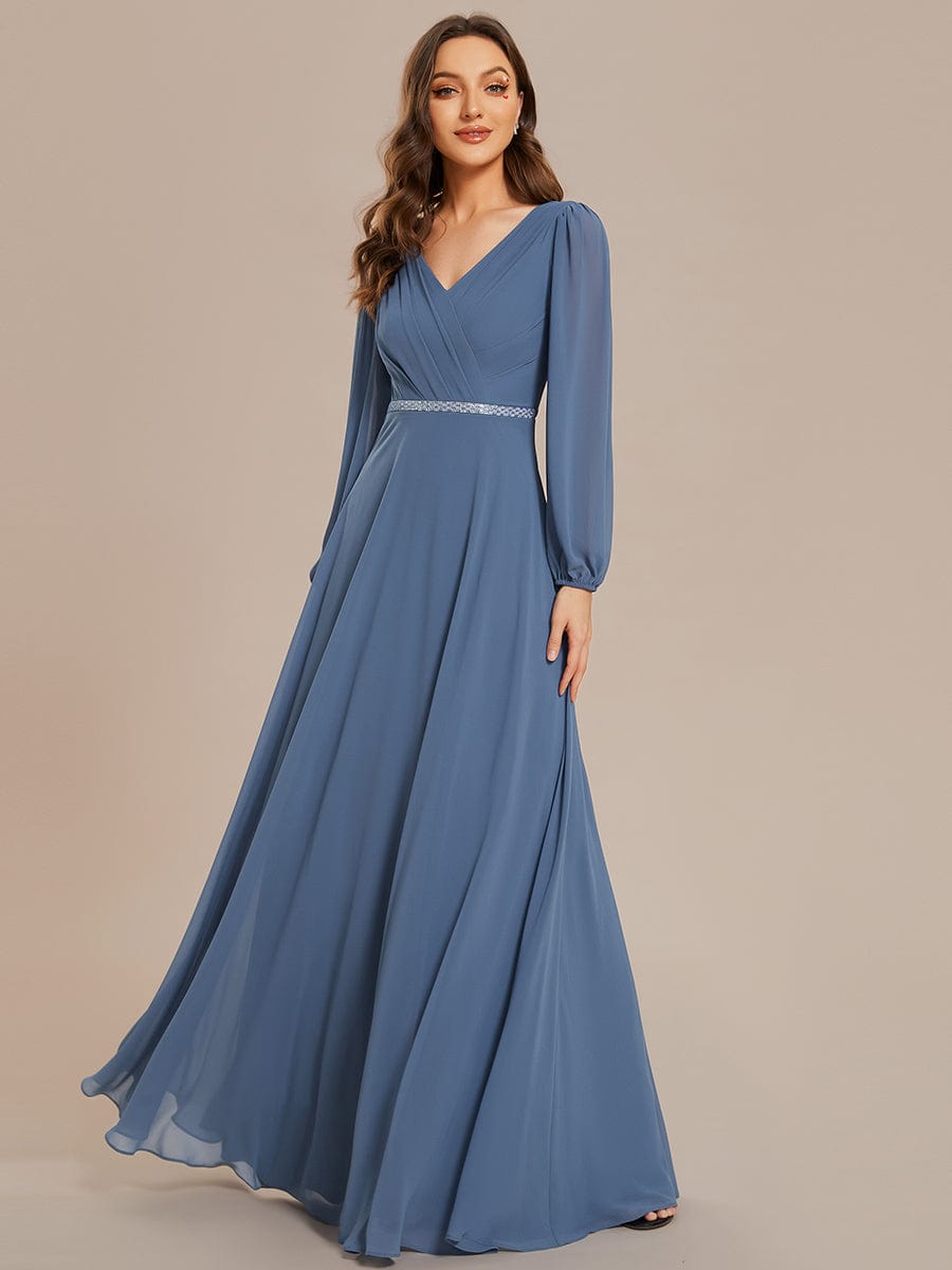 Pleated Double V-Neck Long Sleeves Shiny Belt Chiffon Evening Dress #color_Dusty Blue