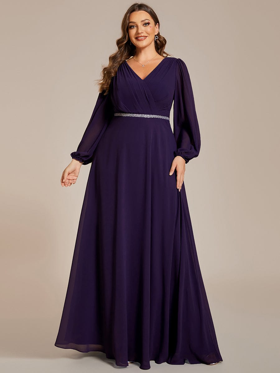 Plus Size Pleated Double V-Neck Long Sleeves Shiny Belt Chiffon Evening Dress #color_Dark Purple