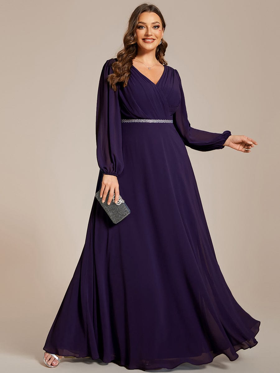 Plus Size Pleated Double V-Neck Long Sleeves Shiny Belt Chiffon Evening Dress #color_Dark Purple