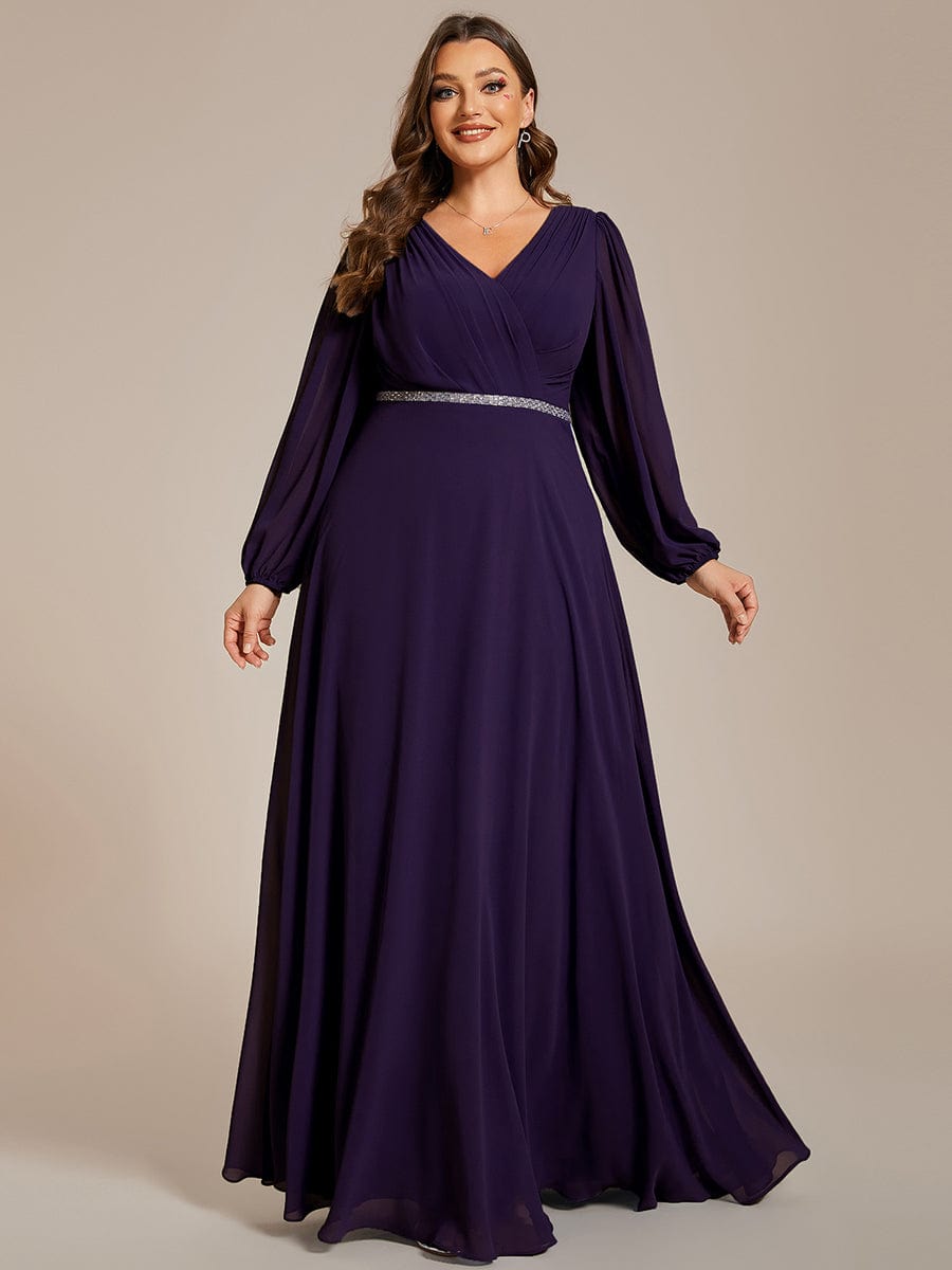 Plus Size Pleated Double V-Neck Long Sleeves Shiny Belt Chiffon Evening Dress #color_Dark Purple