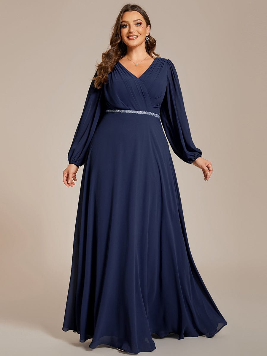 Plus Size Pleated Double V-Neck Long Sleeves Shiny Belt Chiffon Evening Dress #color_Navy Blue