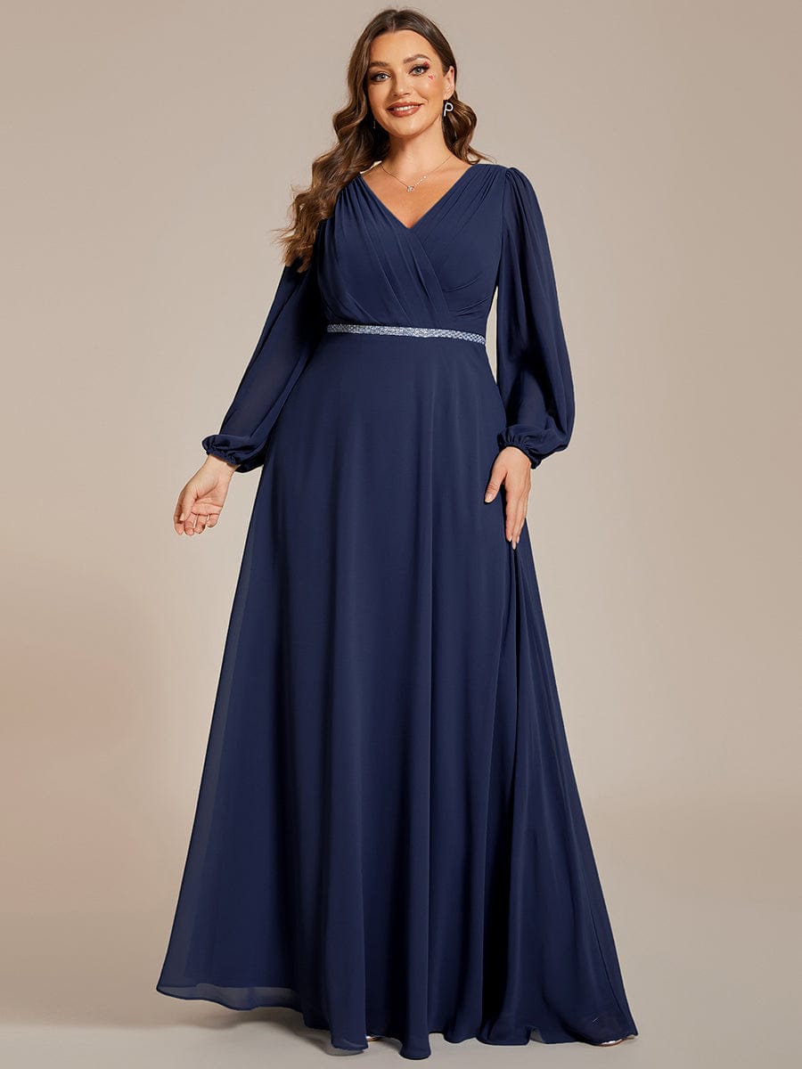 Plus Size Pleated Double V-Neck Long Sleeves Shiny Belt Chiffon Evening Dress #color_Navy Blue