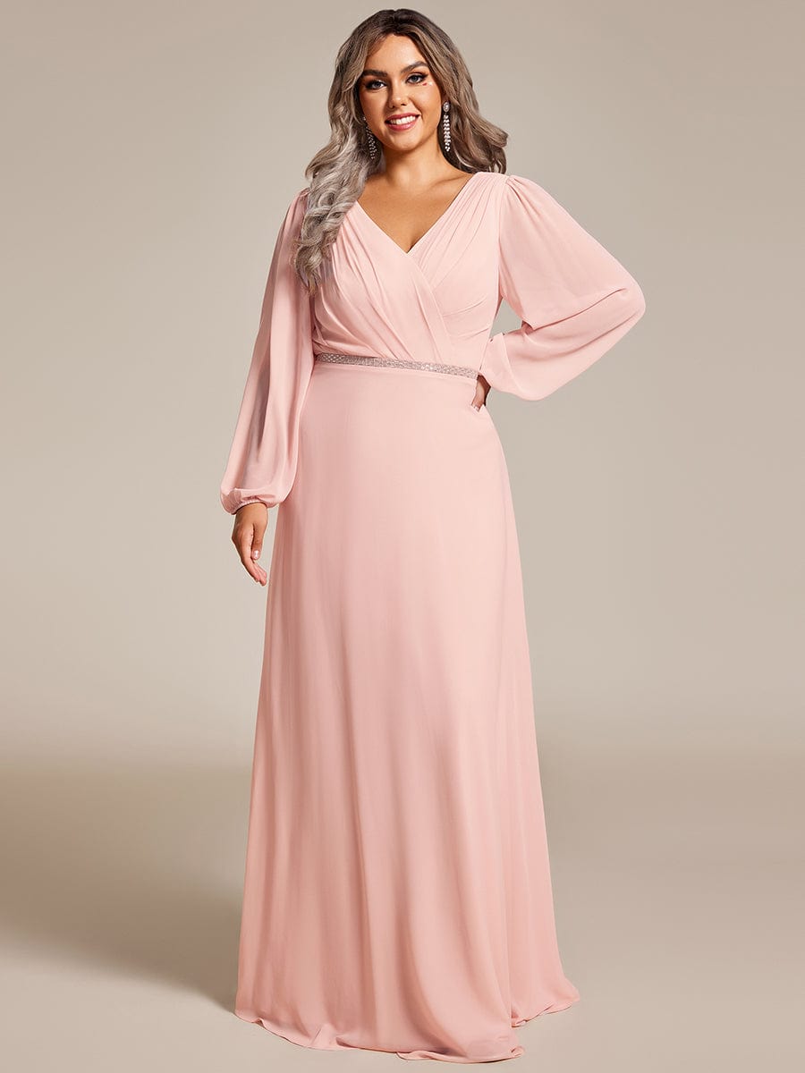 Plus Size Pleated Double V-Neck Long Sleeves Shiny Belt Chiffon Evening Dress #color_Pink