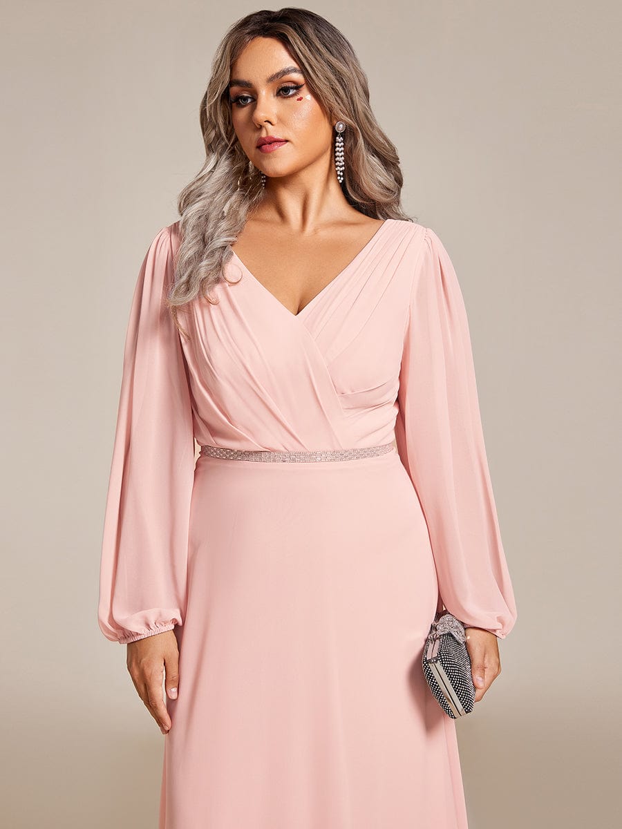 Plus Size Pleated Double V-Neck Long Sleeves Shiny Belt Chiffon Evening Dress #color_Pink