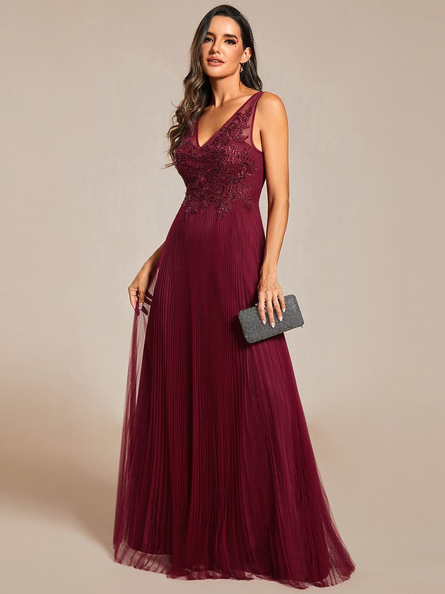 Elegant V-Neck Floor-Length A-Line Tulle Evening Dress #color_Burgundy