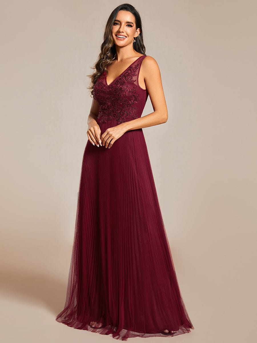 Elegant V-Neck Floor-Length A-Line Tulle Evening Dress #color_Burgundy