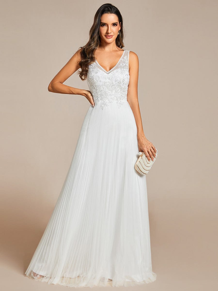 Elegant V-Neck Floor-Length A-Line Tulle Evening Dress #color_Cream