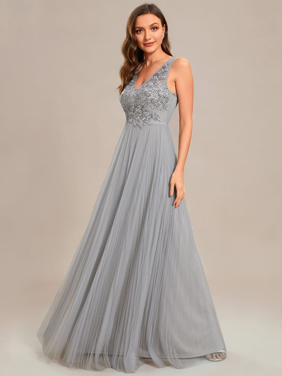 Elegant V-Neck Floor-Length A-Line Tulle Evening Dress #color_Grey