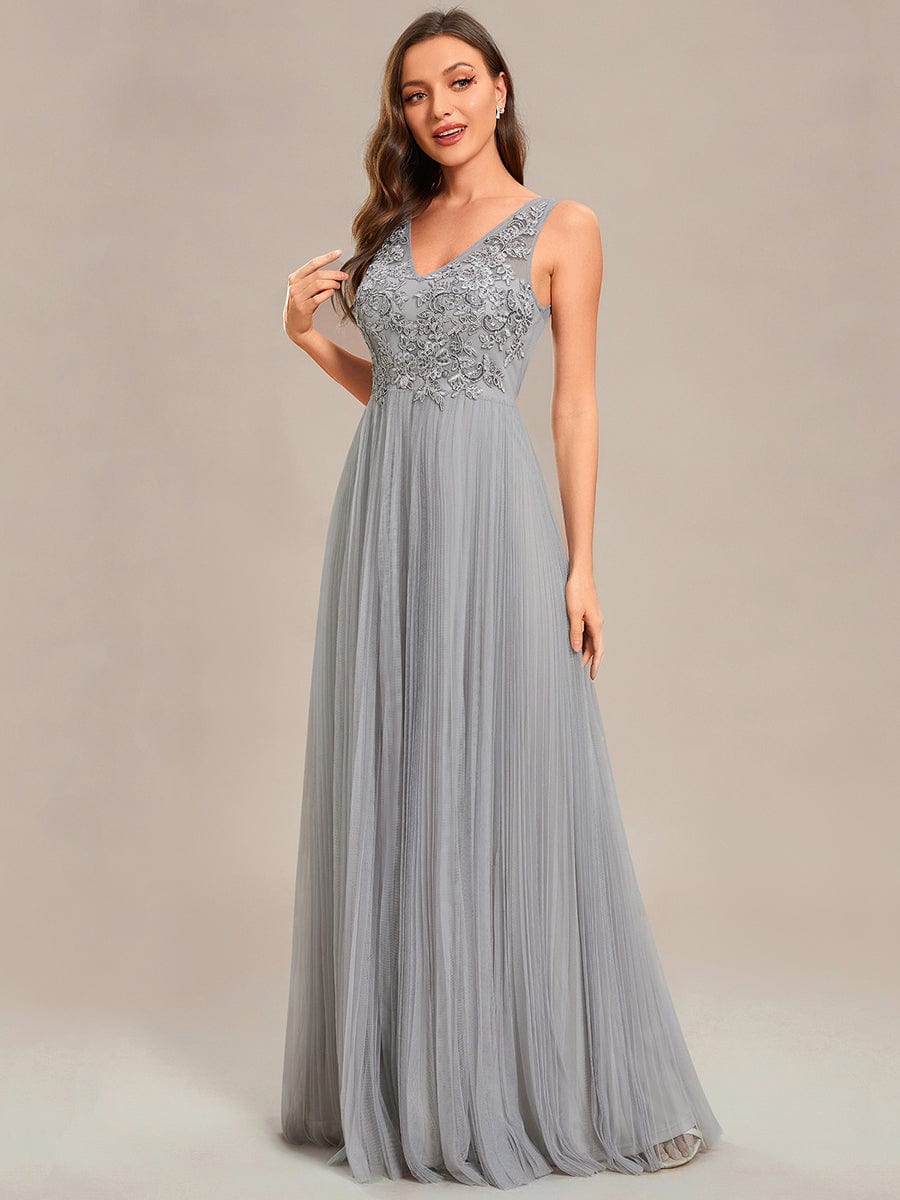 Elegant V-Neck Floor-Length A-Line Tulle Evening Dress #color_Grey