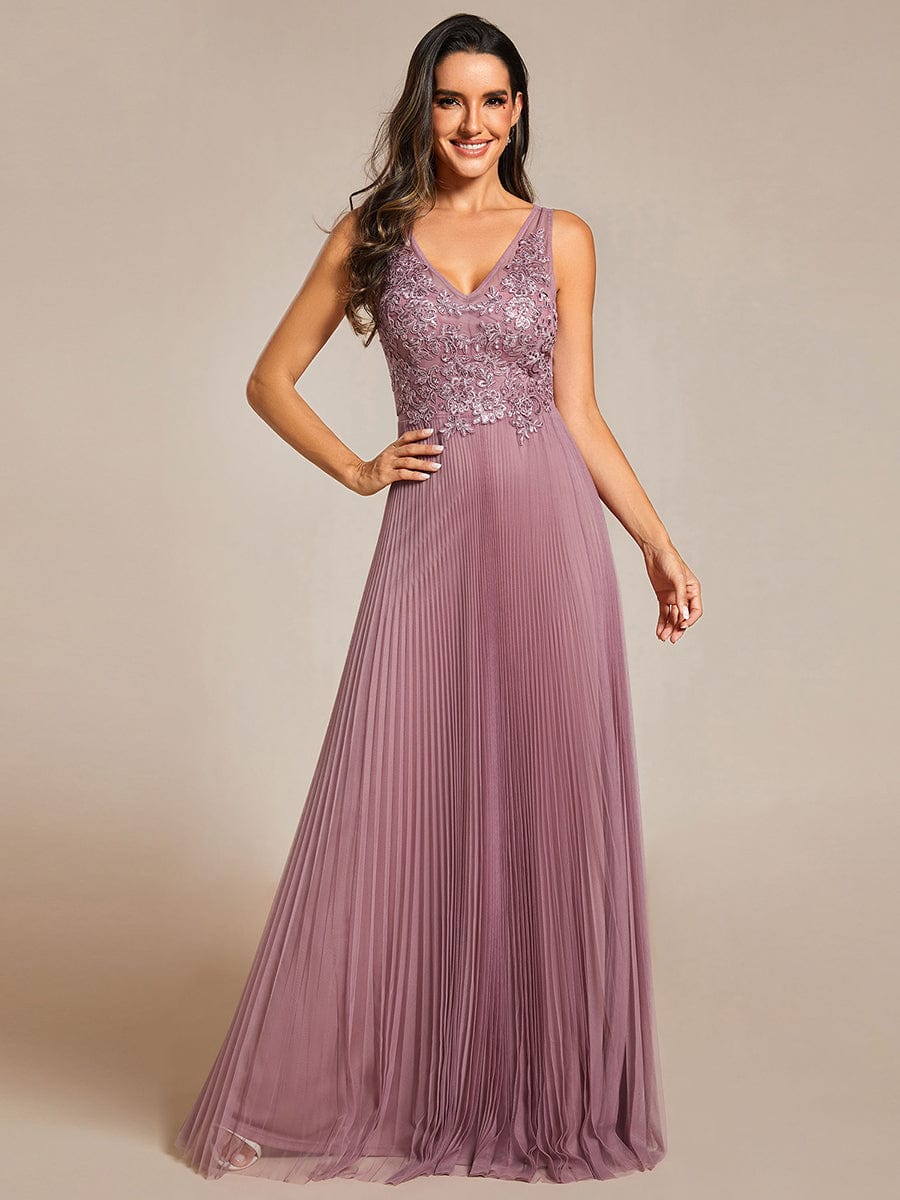 Elegant V-Neck Floor-Length A-Line Tulle Evening Dress #color_Purple Orchid