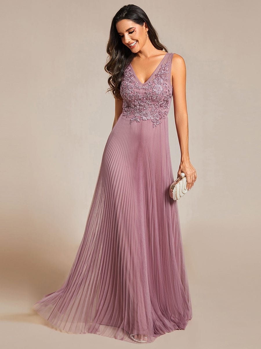 Elegant V-Neck Floor-Length A-Line Tulle Evening Dress #color_Purple Orchid