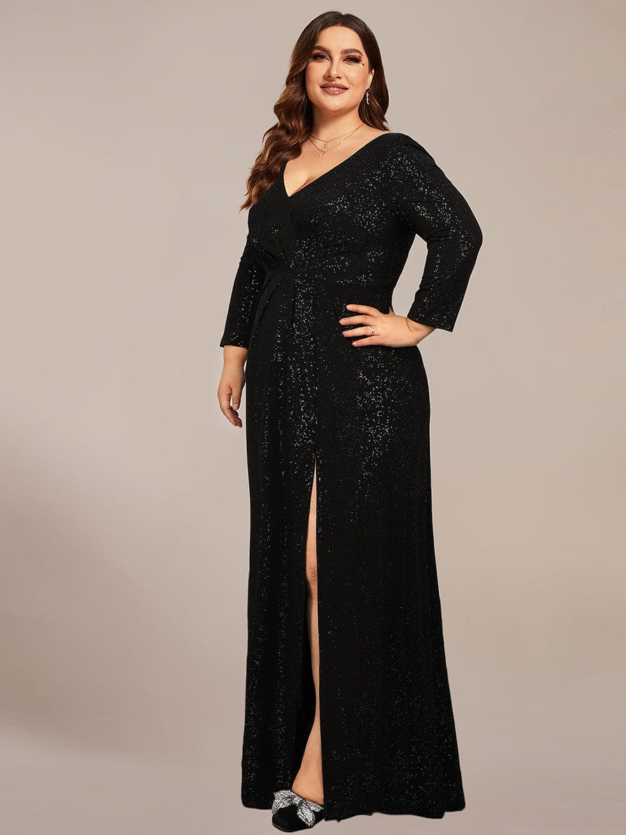 Plus Size Long Sleeve V-Neck Glitter High Slit Evening Dress #color_Black