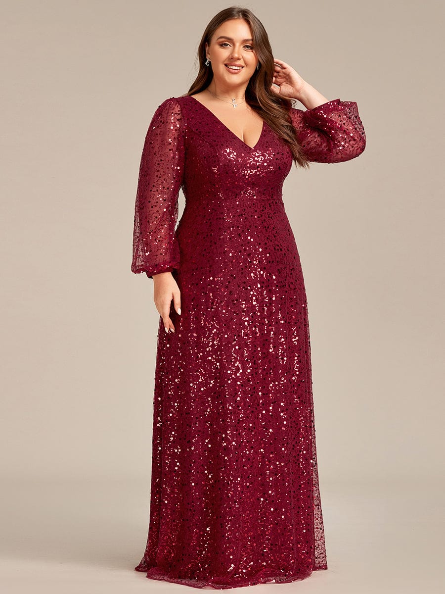 V-Neck Lantern Long Sleeve Sequin A-Line Evening Dress #color_Burgundy