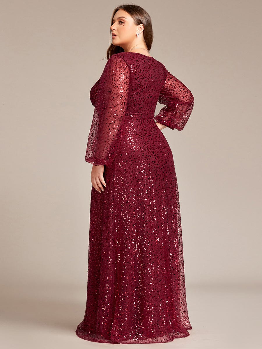 V-Neck Lantern Long Sleeve Sequin A-Line Evening Dress #color_Burgundy