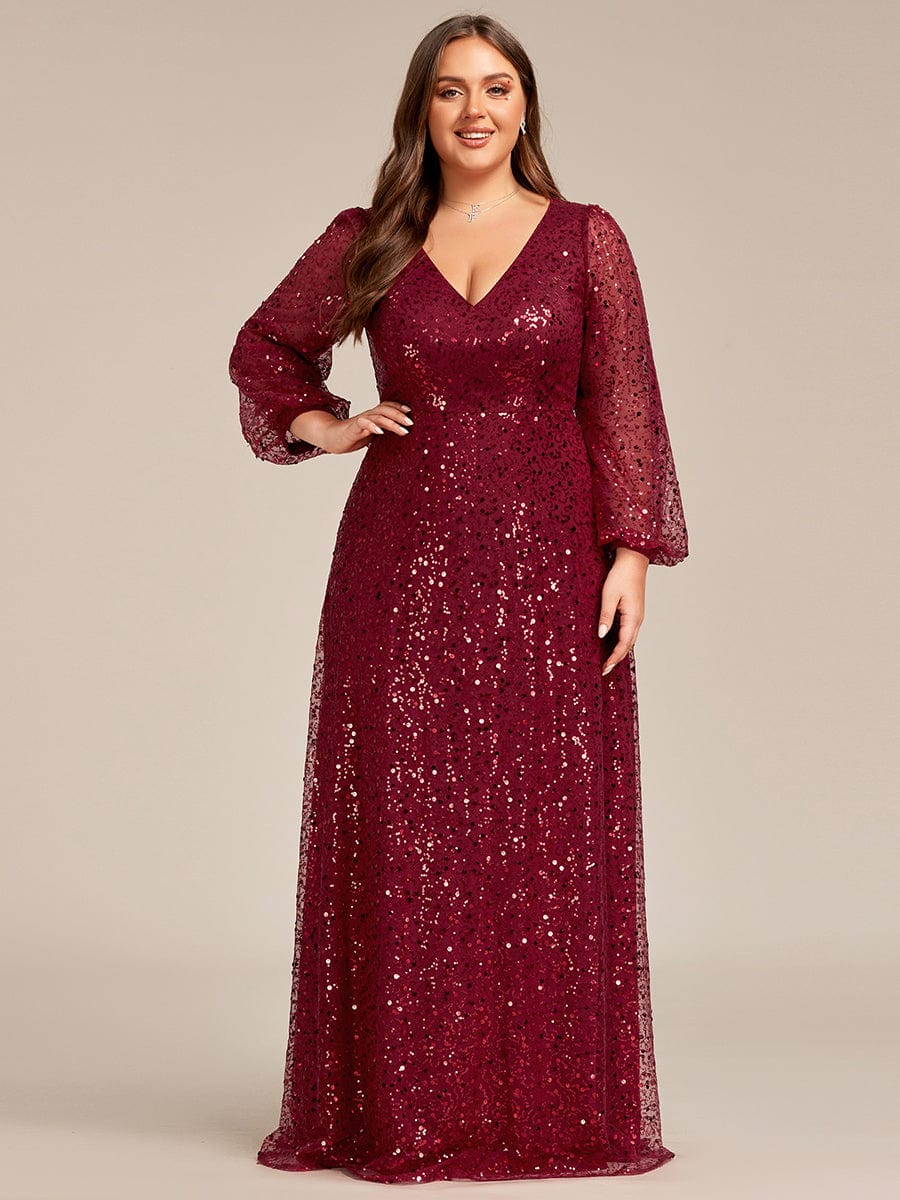 V-Neck Lantern Long Sleeve Sequin A-Line Evening Dress #color_Burgundy