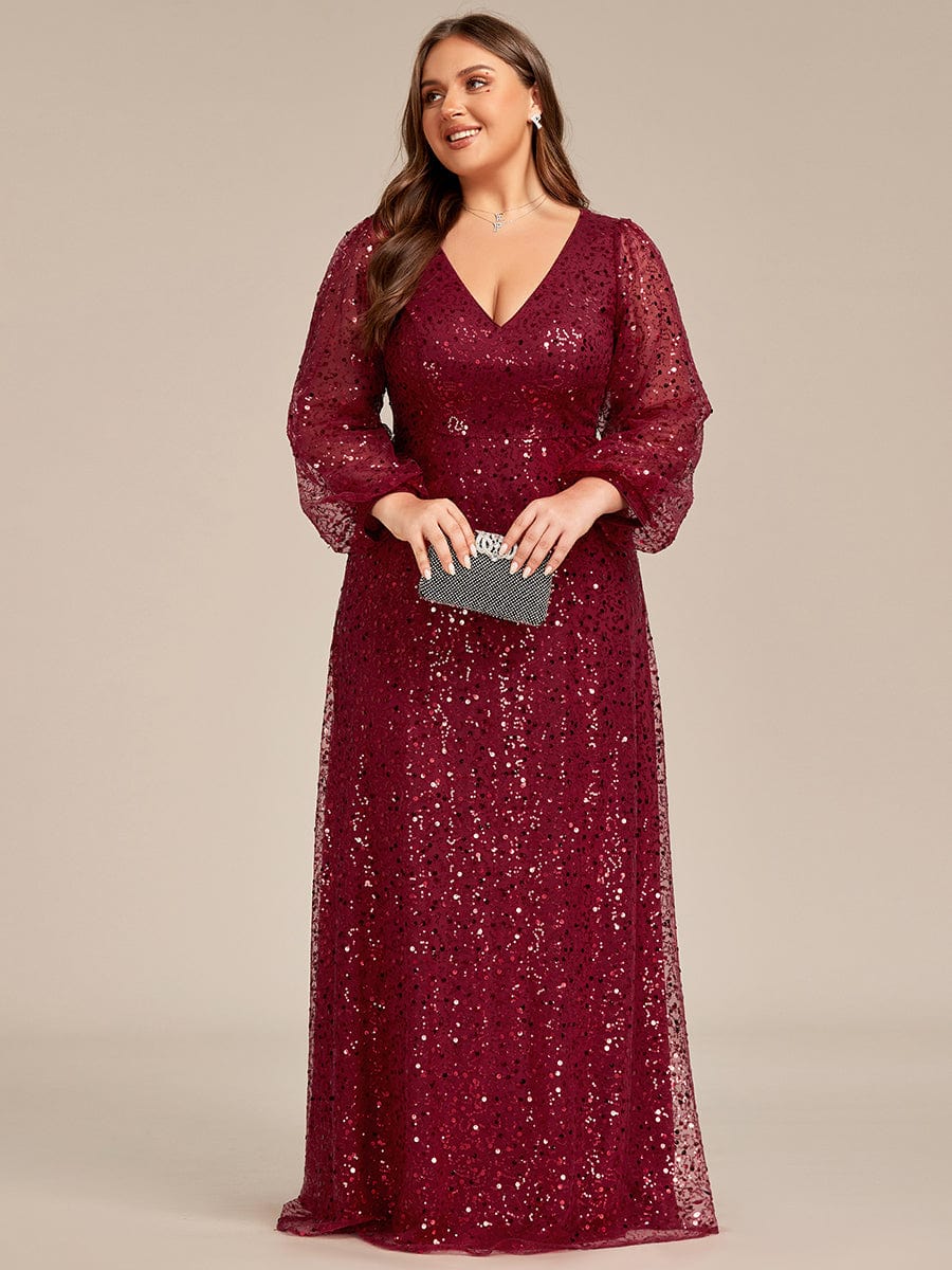 V-Neck Lantern Long Sleeve Sequin A-Line Evening Dress #color_Burgundy