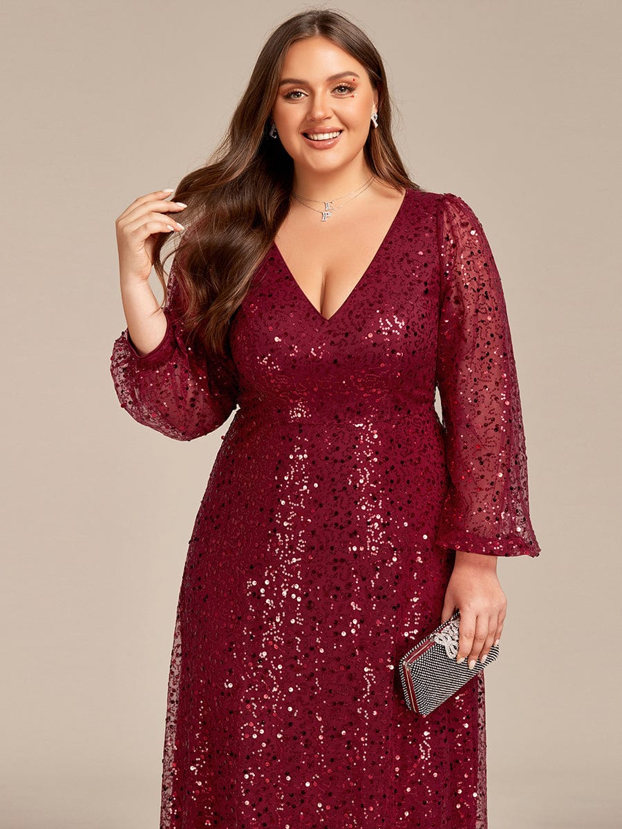 V-Neck Lantern Long Sleeve Sequin A-Line Evening Dress #color_Burgundy