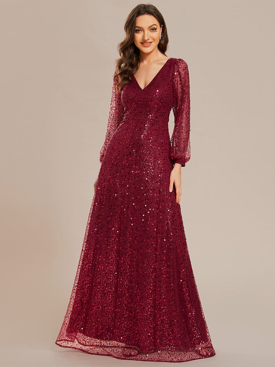 V-Neck Lantern Long Sleeve Sequin A-Line Evening Dress #color_Burgundy