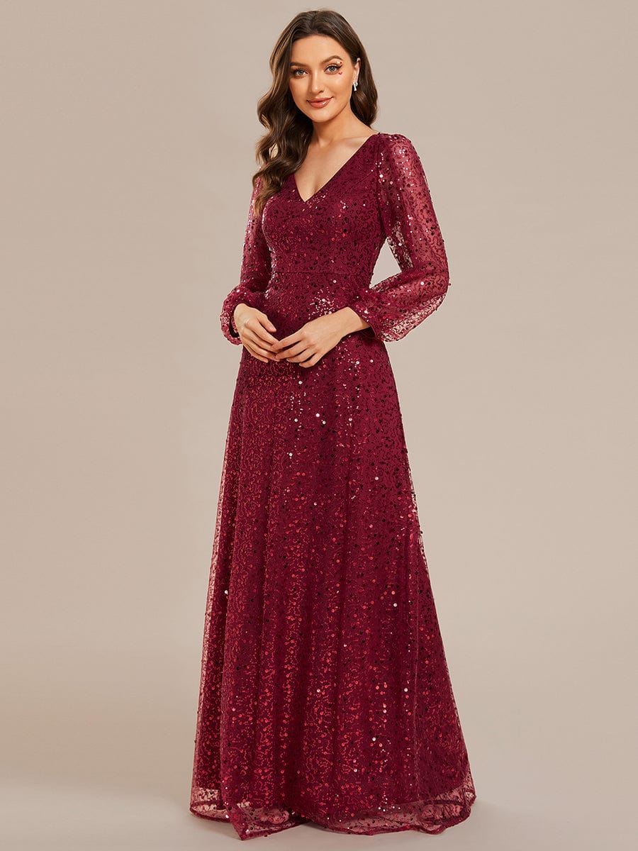 V-Neck Lantern Long Sleeve Sequin A-Line Evening Dress #color_Burgundy