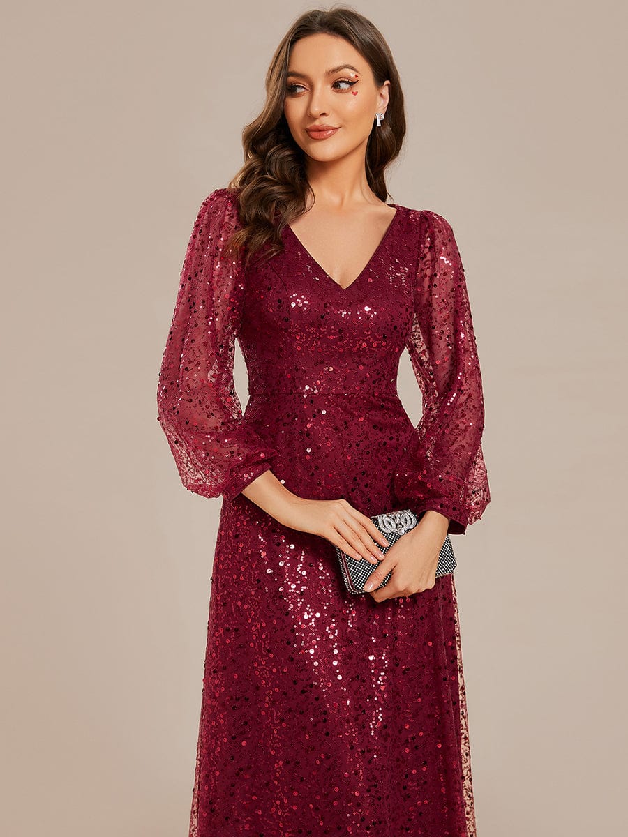 V-Neck Lantern Long Sleeve Sequin A-Line Evening Dress #color_Burgundy