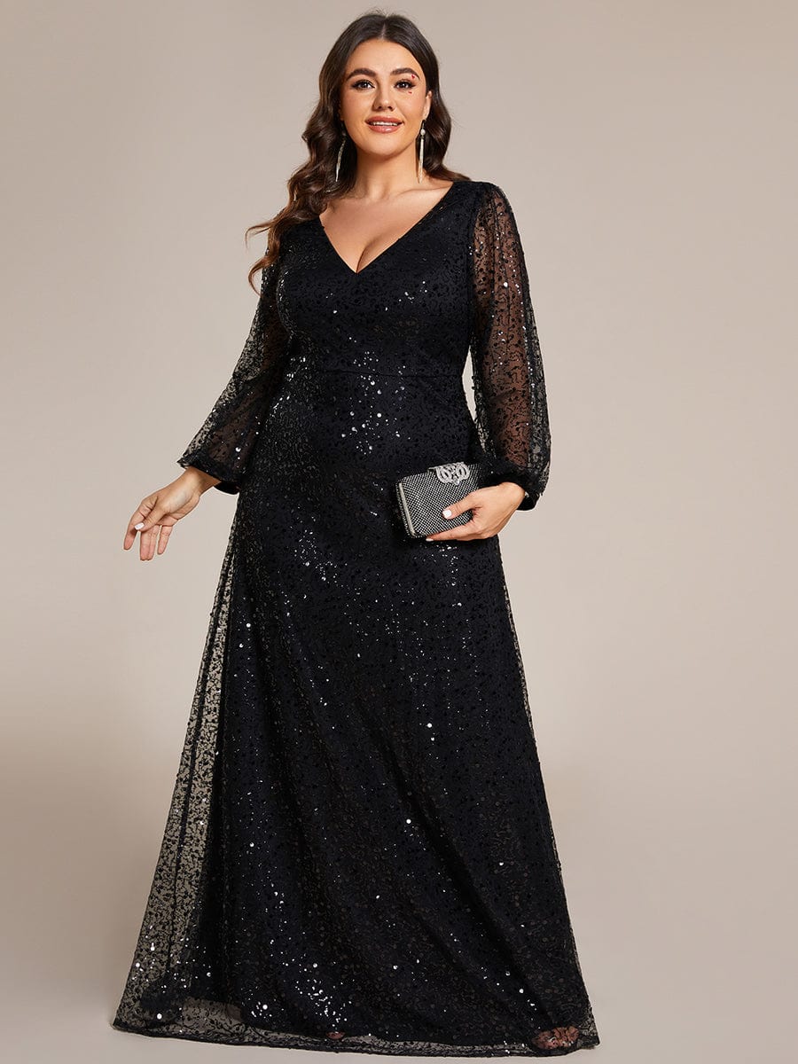 V-Neck Lantern Long Sleeve Sequin A-Line Evening Dress #color_Black