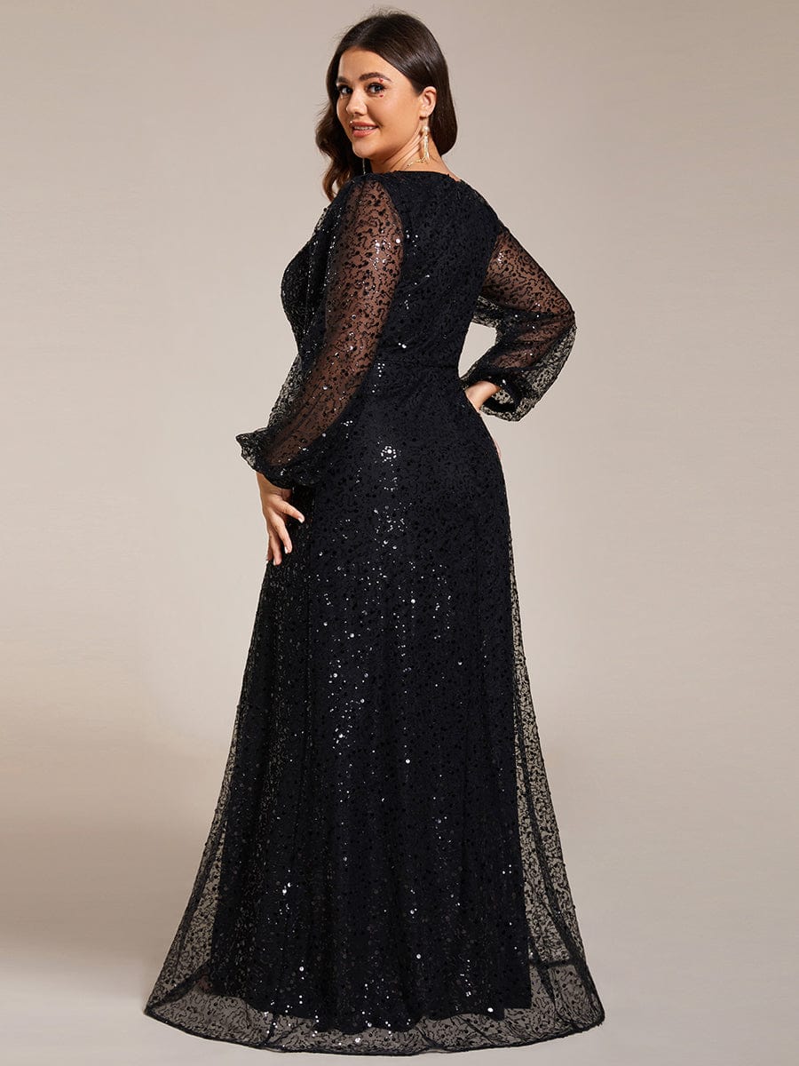 V-Neck Lantern Long Sleeve Sequin A-Line Evening Dress #color_Black