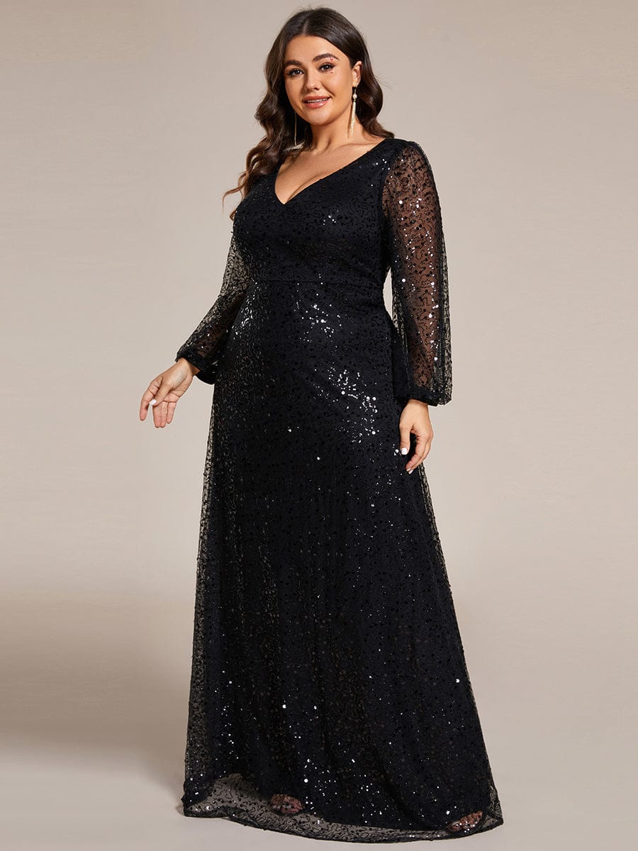 V-Neck Lantern Long Sleeve Sequin A-Line Evening Dress #color_Black