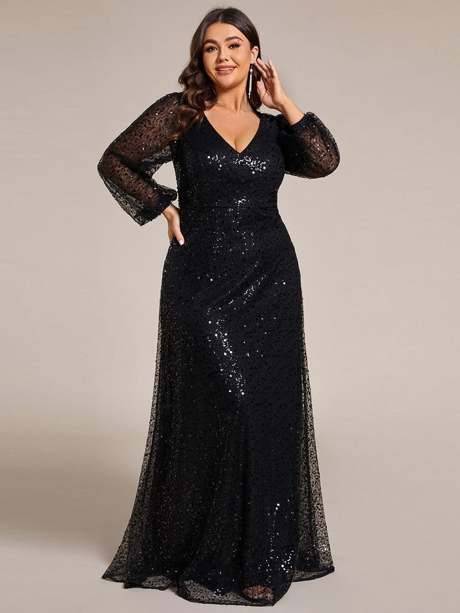 V-Neck Lantern Long Sleeve Sequin A-Line Evening Dress #color_Black