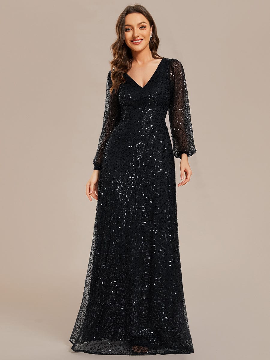 V-Neck Lantern Long Sleeve Sequin A-Line Evening Dress #color_Black