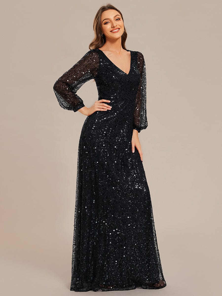 V-Neck Lantern Long Sleeve Sequin A-Line Evening Dress #color_Black