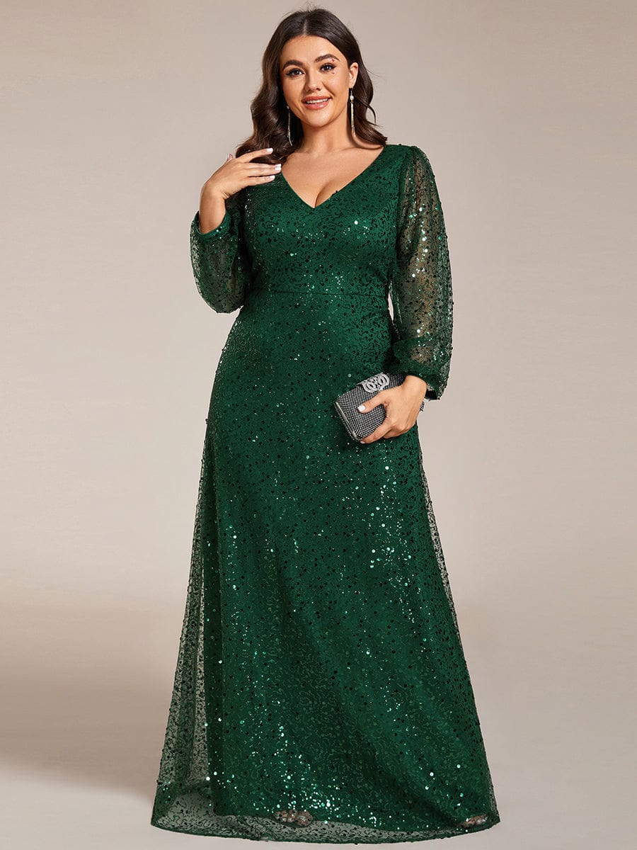 V-Neck Lantern Long Sleeve Sequin A-Line Evening Dress #color_Dark Green