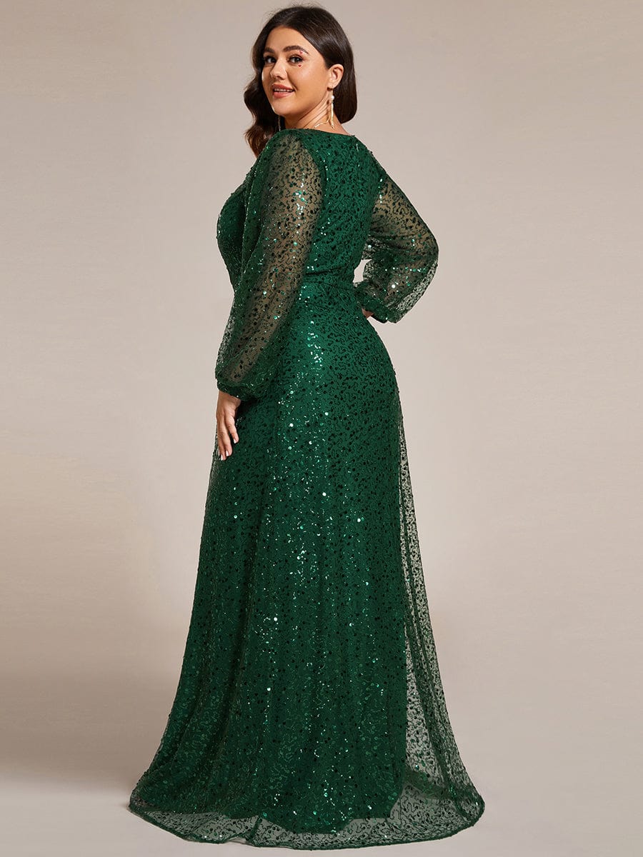 V-Neck Lantern Long Sleeve Sequin A-Line Evening Dress #color_Dark Green