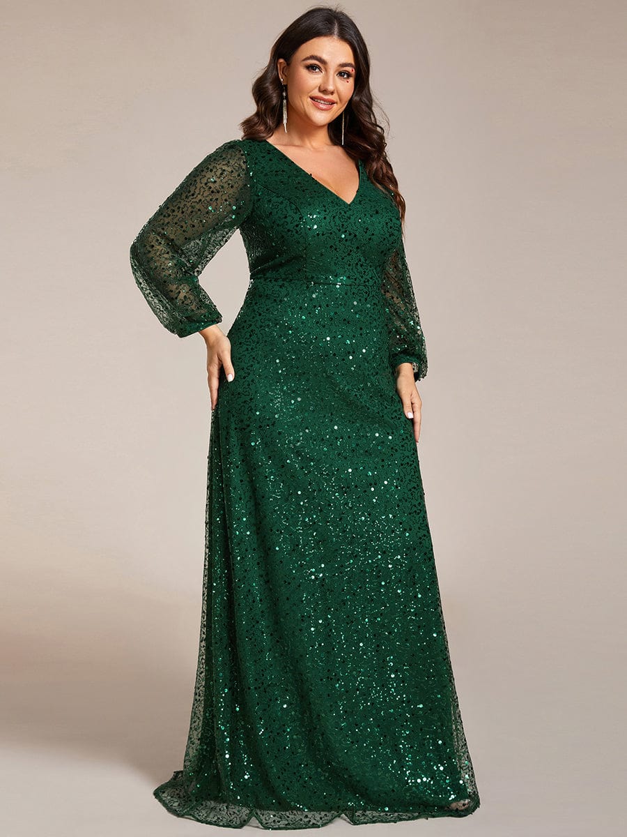 V-Neck Lantern Long Sleeve Sequin A-Line Evening Dress #color_Dark Green