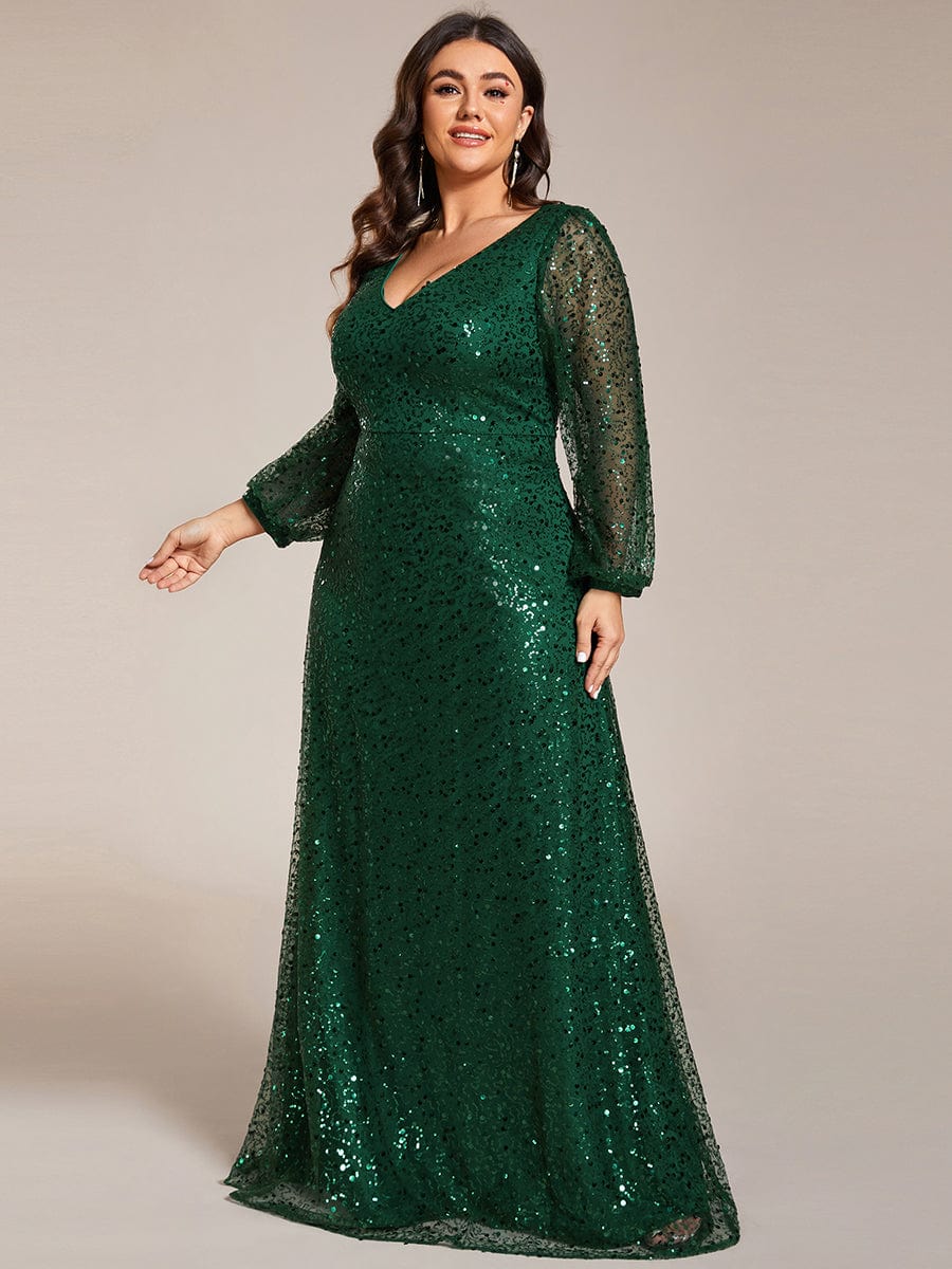 V-Neck Lantern Long Sleeve Sequin A-Line Evening Dress #color_Dark Green