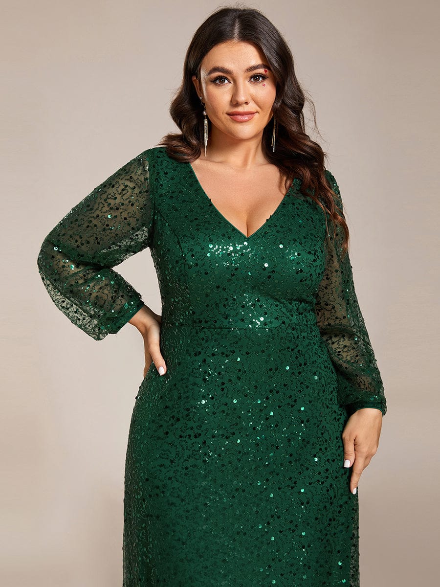 V-Neck Lantern Long Sleeve Sequin A-Line Evening Dress #color_Dark Green