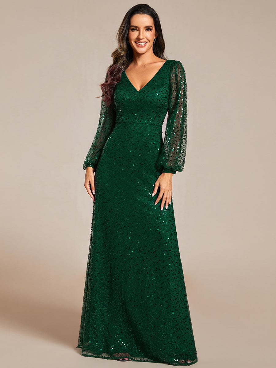 V-Neck Lantern Long Sleeve Sequin A-Line Evening Dress #color_Dark Green