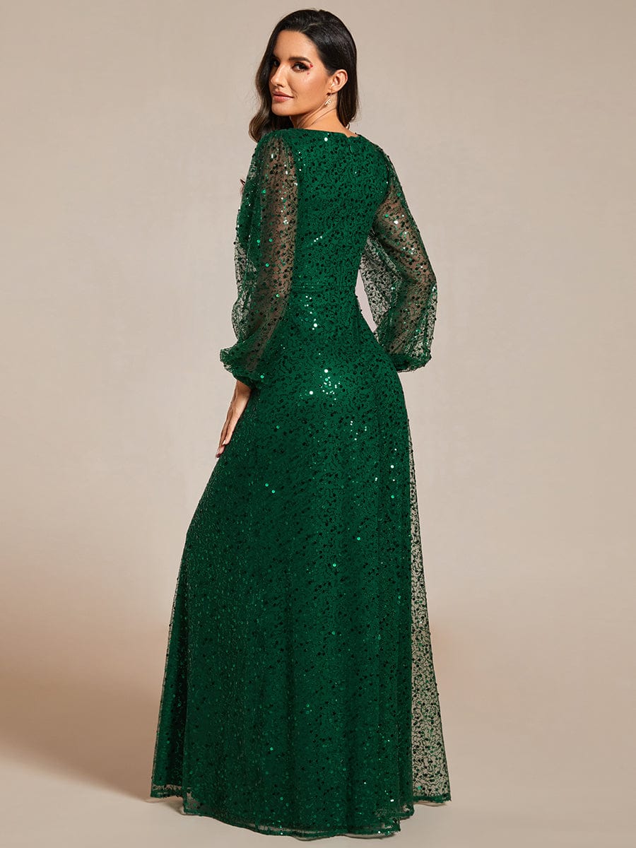 V-Neck Lantern Long Sleeve Sequin A-Line Evening Dress #color_Dark Green