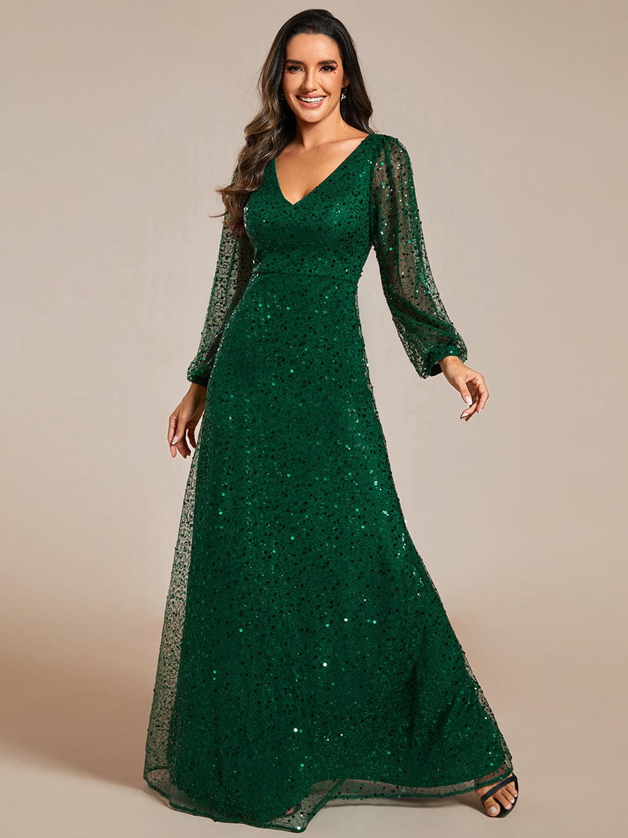 V-Neck Lantern Long Sleeve Sequin A-Line Evening Dress #color_Dark Green